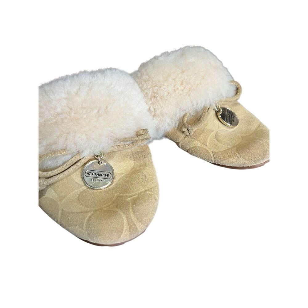 Coach Carra Sand Suede Signature C Embossed Sheep Fur Slippers Slides A0024 Size - Picture 5 of 9